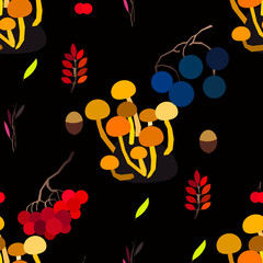 Autumn vector seamless pattern with berries, acorns, pine cone, mushrooms, branches and leaves.