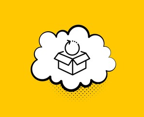 Return package line icon. Comic speech bubble. Delivery parcel sign. Cargo goods box symbol. Yellow background with chat bubble. Return package icon. Colorful banner. Vector