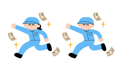 お金を稼ぐ男性女性作業員（デフォルメカラー）