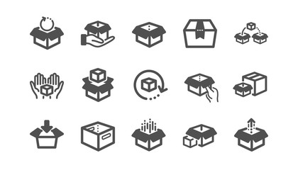 Box icons. Package, delivery boxes, cargo box. Cargo distribution, export boxes, return parcel icons. Shipment of goods, open package. Classic set. Quality set. Vector