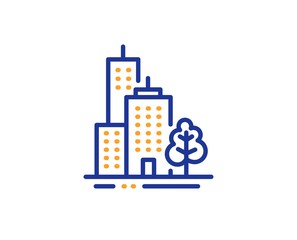 Obraz premium City architecture with tree sign. Skyscraper buildings line icon. Town symbol. Colorful outline concept. Blue and orange thin line skyscraper buildings icon. Vector