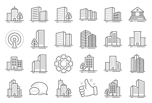 Buildings line icons. Bank, Hotel, Courthouse. City, Real estate, Architecture buildings icons. Hospital, town house, museum. Urban architecture, city skyscraper, downtown. Line signs set. Vector