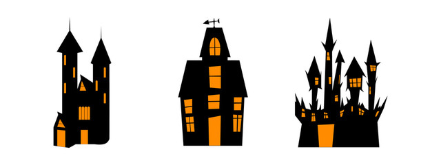 Witches houses. Black and white silhouette set. One of the Halloween symbols. Vector illustration.