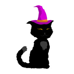 Black cat silhouette with witch cat. One of the Halloween symbols. Vector illustration.