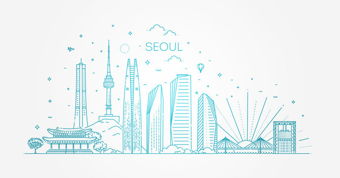 Seoul architecture line skyline. Outline vector illustration