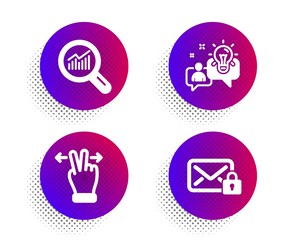 Touchscreen gesture, Data analysis and Idea icons simple set. Halftone dots button. Secure mail sign. Swipe, Magnifying glass, Solution. Private e-mail. Technology set. Vector