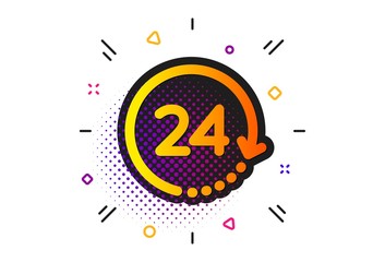 Fototapeta na wymiar Clock sign. Halftone circles pattern. 24 hours time icon. Watch symbol. Classic flat 24 hours icon. Vector
