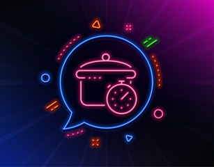 Boiling pan line icon. Neon laser lights. Cooking timer sign. Food preparation symbol. Glow laser speech bubble. Neon lights chat bubble. Banner badge with boiling pan icon. Vector