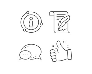 Feather signature line icon. Chat bubble, info sign elements. Copywriting sign. Feedback symbol. Linear feather outline icon. Information bubble. Vector