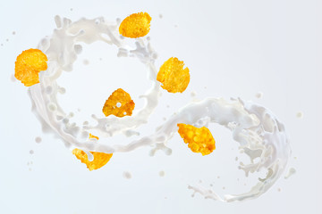 Fresh milk, milkshake, yogurt or cream 3D spiral splash, corn flakes isolated on a milky background. Glossy shining milk, almond milk, oat milk, cream swirl, cornflakes. Liquid splash design elements