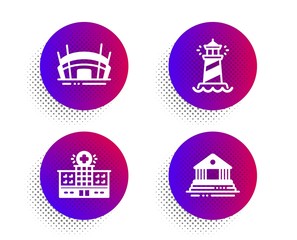 Fototapeta na wymiar Hospital building, Lighthouse and Arena stadium icons simple set. Halftone dots button. Court building sign. Medical help, Searchlight tower, Government house. Buildings set. Vector