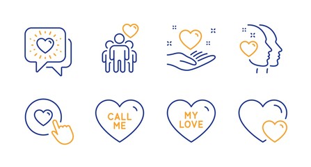 Hold heart, Friends chat and Heart line icons set. My love, Call me and Friendship signs. Like button, Hearts symbols. Friendship, Love head. Love set. Line hold heart icon. Vector