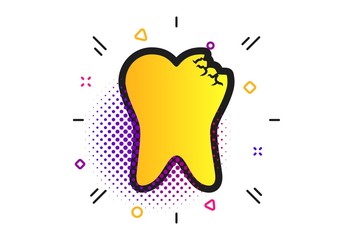 Broken tooth icon. Halftone dots pattern. Dental care sign symbol. Classic flat dental icon. Vector