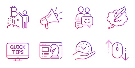 Copyright chat, Bitcoin project and Seo strategy line icons set. Megaphone, Safe time and Communication signs. Web tutorials, Scroll down symbols. Speech bubble, Cryptocurrency startup. Vector