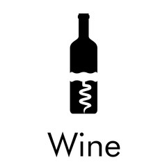 Logotipo con texto Wine con botella de vino con sacacorchos espacio negativo en color negro