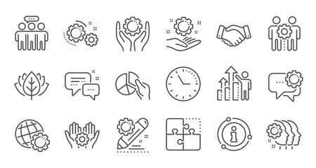 Employees benefits line icons. Business strategy, handshake and people collaboration. Teamwork, social responsibility, people relationship icons. Linear set. Quality line set. Vector