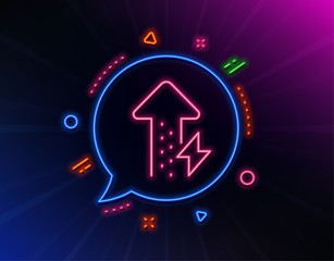 Energy line icon. Neon laser lights. Thunderbolt sign. Power consumption symbol. Glow laser speech bubble. Neon lights chat bubble. Banner badge with energy growing icon. Vector