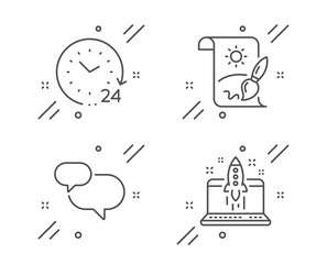 Chat message, Creative painting and 24 hours line icons set. Start business sign. Speech bubble, Graphic art, Time. Launch idea. Education set. Line chat message outline icon. Vector