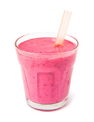Fresh berry mix smoothie from strawberries, blackberries, blueberries and raspberries in a glass on a white background isolated