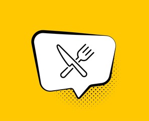 Food line icon. Comic speech bubble. Cutlery sign. Fork, knife symbol. Yellow background with chat bubble. Food icon. Colorful banner. Vector