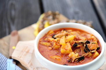 Pineapple and  Mussel Curry coconut soup (Thai name is Gang Kua Supparod)