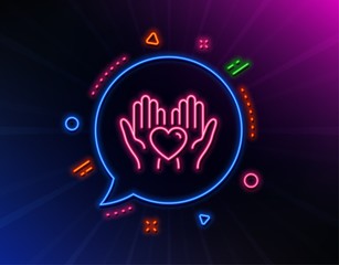Hold heart line icon. Neon laser lights. Friends love sign. Friendship hand symbol. Glow laser speech bubble. Neon lights chat bubble. Banner badge with hold heart icon. Vector