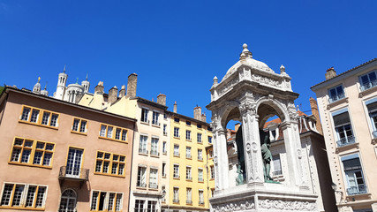 Fototapeta na wymiar Place Saint Jean and Basilica of Notre-Dame de Fourvire in Lyon, France