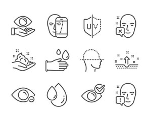 Set of Medical icons, such as Health eye, Face declined, Rubber gloves, Oil drop, Clean skin, Myopia, Skin care, Face attention, Uv protection, Check eye line icons. Health eye icon. Vector
