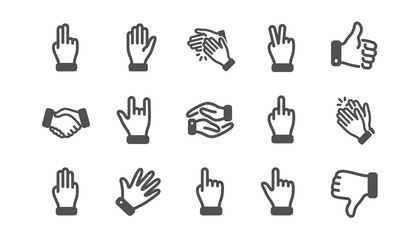 Hand gestures icons. Handshake, Clapping hands, Victory. Horns, Thumb up finger, drag and drop icons. Donation hand gestures, click, helping hand. Classic set. Quality set. Vector