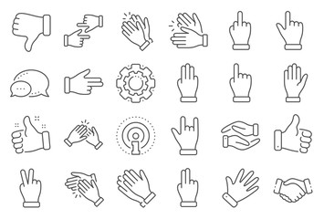 Hand gestures line icons. Handshake, Clapping hands, Victory. Horns, Thumb up finger, drag and drop icons. Donation hand gestures, middle finger, palm. Helping hand, ok sign. Line signs set. Vector