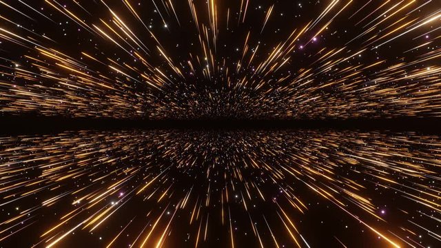 Abstract hyperspace background. Speed of light, neon glowing rays and stars in motion with space for logo or text. Orange version. Moving through stars. 4k Seamless loop