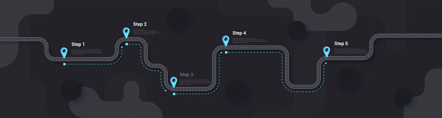 Road map and journey route infographics template. Winding road timeline illustration. Dark theme. Flat vector illustration. Eps 10