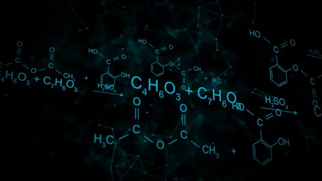 Animation of typing aspirin chemical formula consisting of benzene rings, hexagon in abstract digital space. Seamless loopable background.