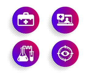 Medical help, Chemistry lab and First aid icons simple set. Halftone dots button. Eye target sign. Medicine laptop, Medical laboratory, Medicine kit. Optometry. Healthcare set. Vector