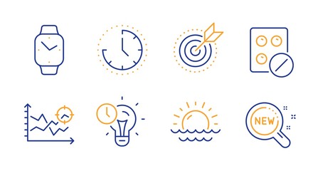 Time management, Medical tablet and Target purpose line icons set. Smartwatch, Seo analysis and Time signs. Sunset, New products symbols. Idea lightbulb, Medicine pill. Science set. Vector