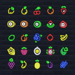 Vector fruits icon set in outline neon style. - 286498967