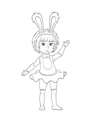 Black and white illustration. Girl in a rabbit costume. Outline coloring on white background.