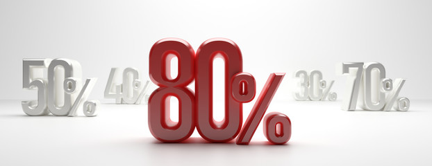 Sale 80%. 80 percent discount text on white background, banner. 3d illustration