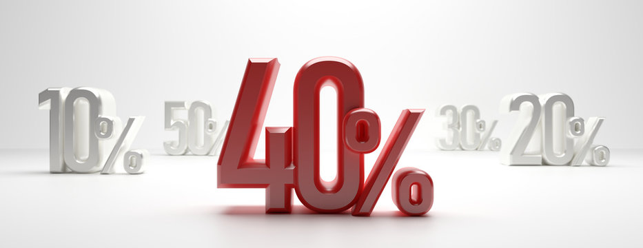 Sale 40%. 40 percent discount text on white background, banner. 3d illustration
