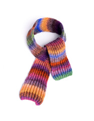 Winter multi-colored woolen scarf on white background.