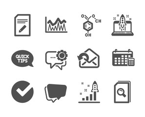 Set of Education icons, such as Edit document, Speech bubble, Calendar, Quickstart guide, Chemical formula, Send mail, Verify, Search files, Start business, Development plan, Investment. Vector