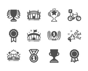 Set of Sports icons, such as Laureate award, Arena stadium, Best rank, Bicycle parking, Award cup, Winner, Ole chant, Sports arena, Success, Reward, Victory classic icons. Laureate award icon. Vector