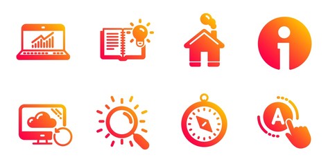 Travel compass, Product knowledge and Info line icons set. Home, Search and Recovery cloud signs. Online statistics, Ab testing symbols. Trip destination, Education process. Technology set. Vector