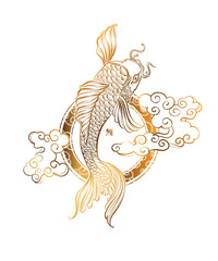 Koi carp and stylized chinese waves, clouds and sun - Asian spiritual symbols. Japanese hieroglyph - Koi. It can be used for tattoo and embossing or print for interior. T-shirt design