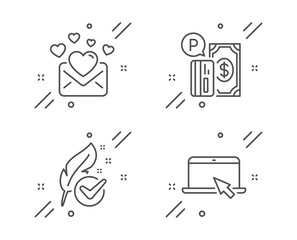 Parking payment, Love mail and Hypoallergenic tested line icons set. Portable computer sign. Paid garage, Valentines letter, Feather. Notebook device. Technology set. Vector