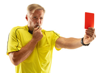 Referee showing a red card and gesturing to a football or soccer player while gaming isolated on...