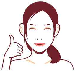 Young asian woman face vector illustration / thumb up with smiling 