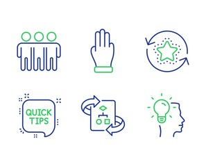 Quick tips, Three fingers and Loyalty points line icons set. Friendship, Technical algorithm and Idea signs. Helpful tricks, Click palm, Bonus reward. Trust friends. Business set. Vector