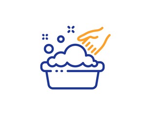 Laundry service sign. Hand washing line icon. Clothing cleaner symbol. Colorful outline concept. Blue and orange thin line hand washing icon. Vector