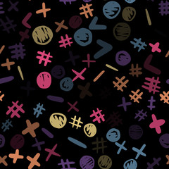 Freehand shapes seamless pattern on black background.